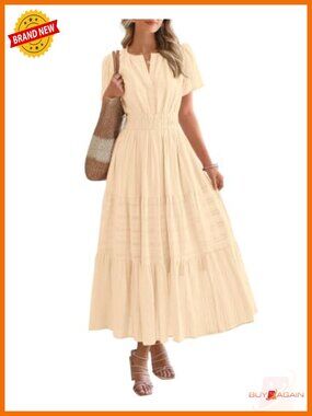 Lightweight Cotton Short Sleeve V-Neck Maxi Dress with Pockets Elastic Waist